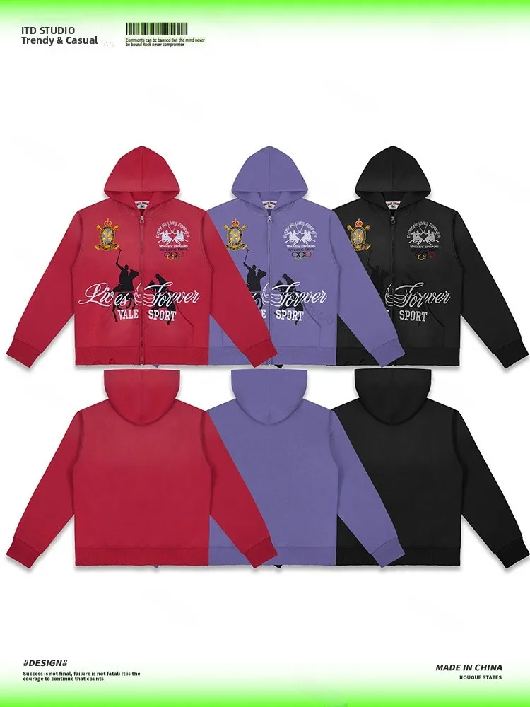 Valley Luxury Retro  Logo Embroidered Hoodie Jacket Men's Streetwear Casual Style Long Sleeve Cotton Sweatshirt