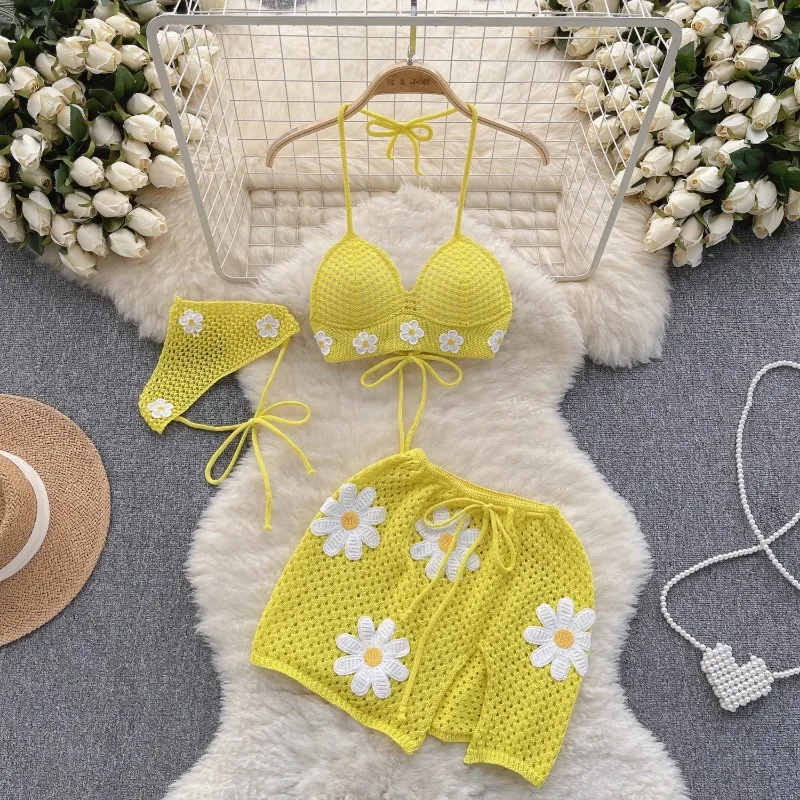 Nepoe Set Bikini renda rajut liburan pantai untuk wanita atasan kamisol seksi musim panas + rok belahan Bodycon pinggang ramping