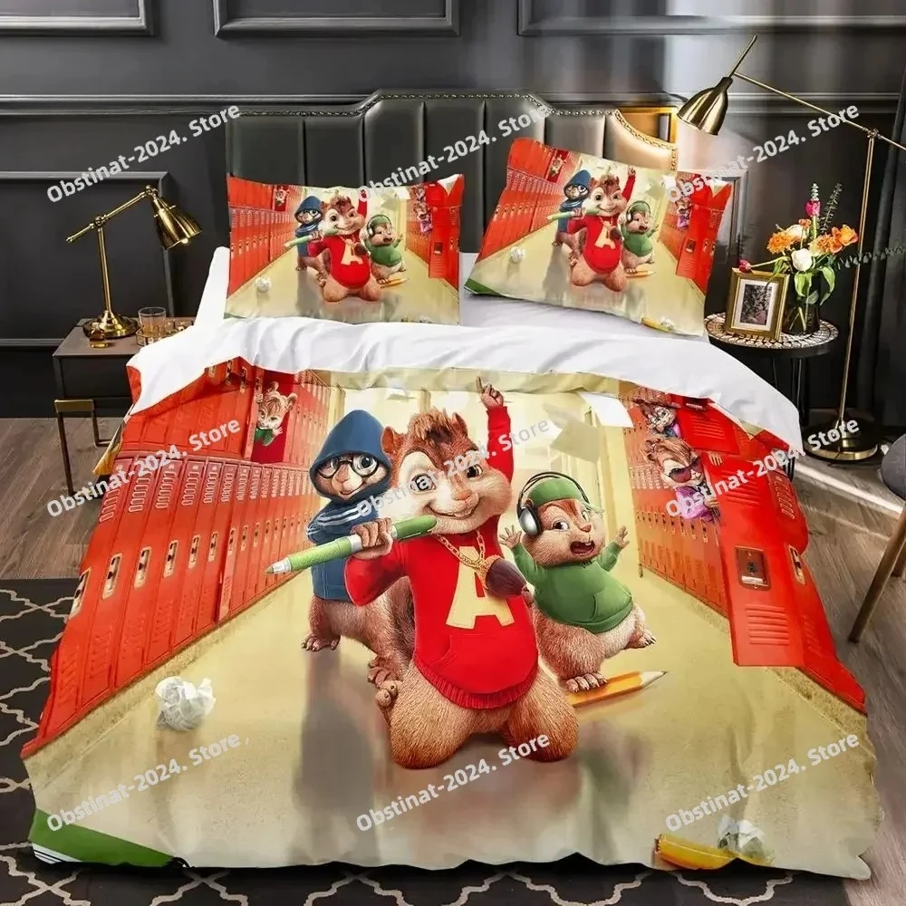 

3D Cartoon C-Chipmunk A-Alvin Bedding Set Printed Bed Set Duvet Cover Sheet Pillowcase Bed Soft Quilt Cover Full Queen King Size
