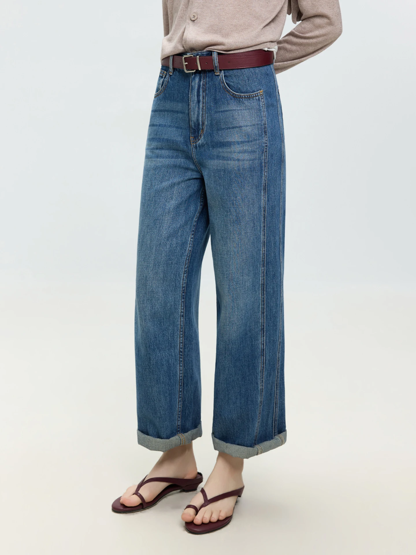 

Джинсы женские с высокой талией, прямые, из денима, ретро-синие, с широкими штанинами, с эффектом похудения, с декоративной строчкой, из смесового хлопка, весенняя коллекция