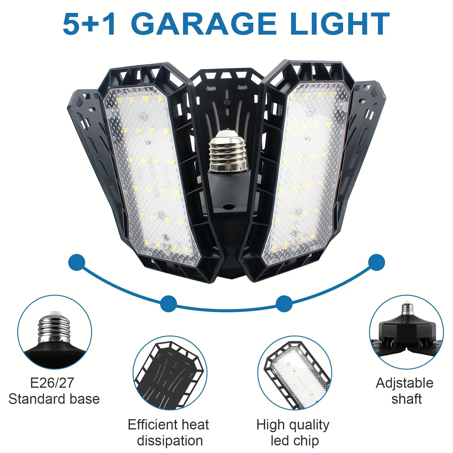 LED Garage Light Bulbs, Super Bright Garage Lighting with 5 Adjustable Panel E27 Screw Socket LED Shop Light for warehouse