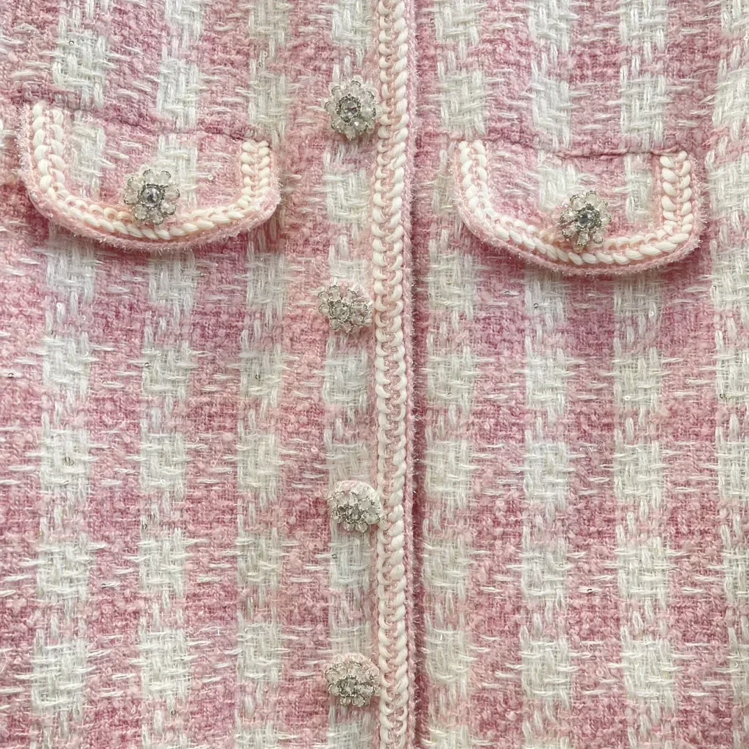

2025 New Beautiful Pink Tweed Long Sleeve Women's Winter Jacket Tops