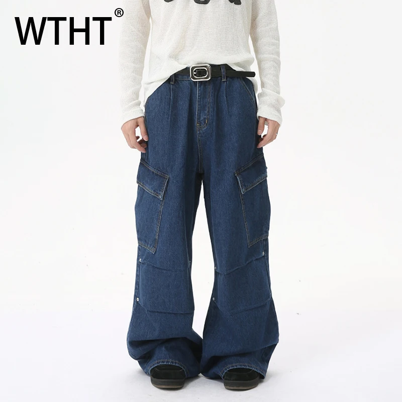 

WTHT Fashion Men's Heavy Industy Pockets Pleated Cargo Denim Pants Vintage High-waisted Straight Jeans Male 2025 Summer 2A0374