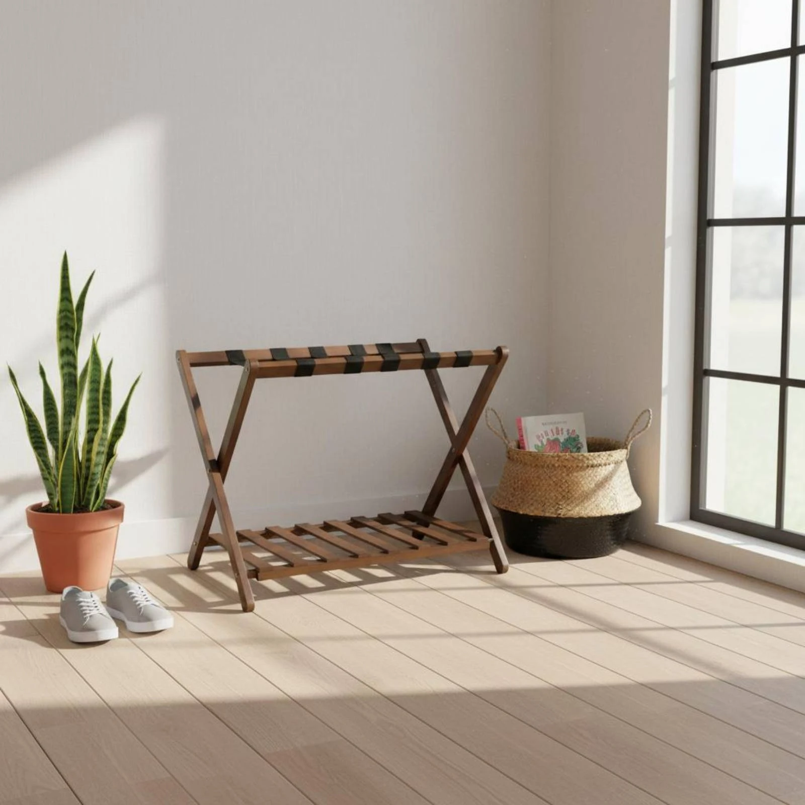 Folding Luggage Rack Natural Wood Foldable Luggage Stand Folding Shoe Rack Multi Use Bamboo Shoe Stand Stable for Entryway