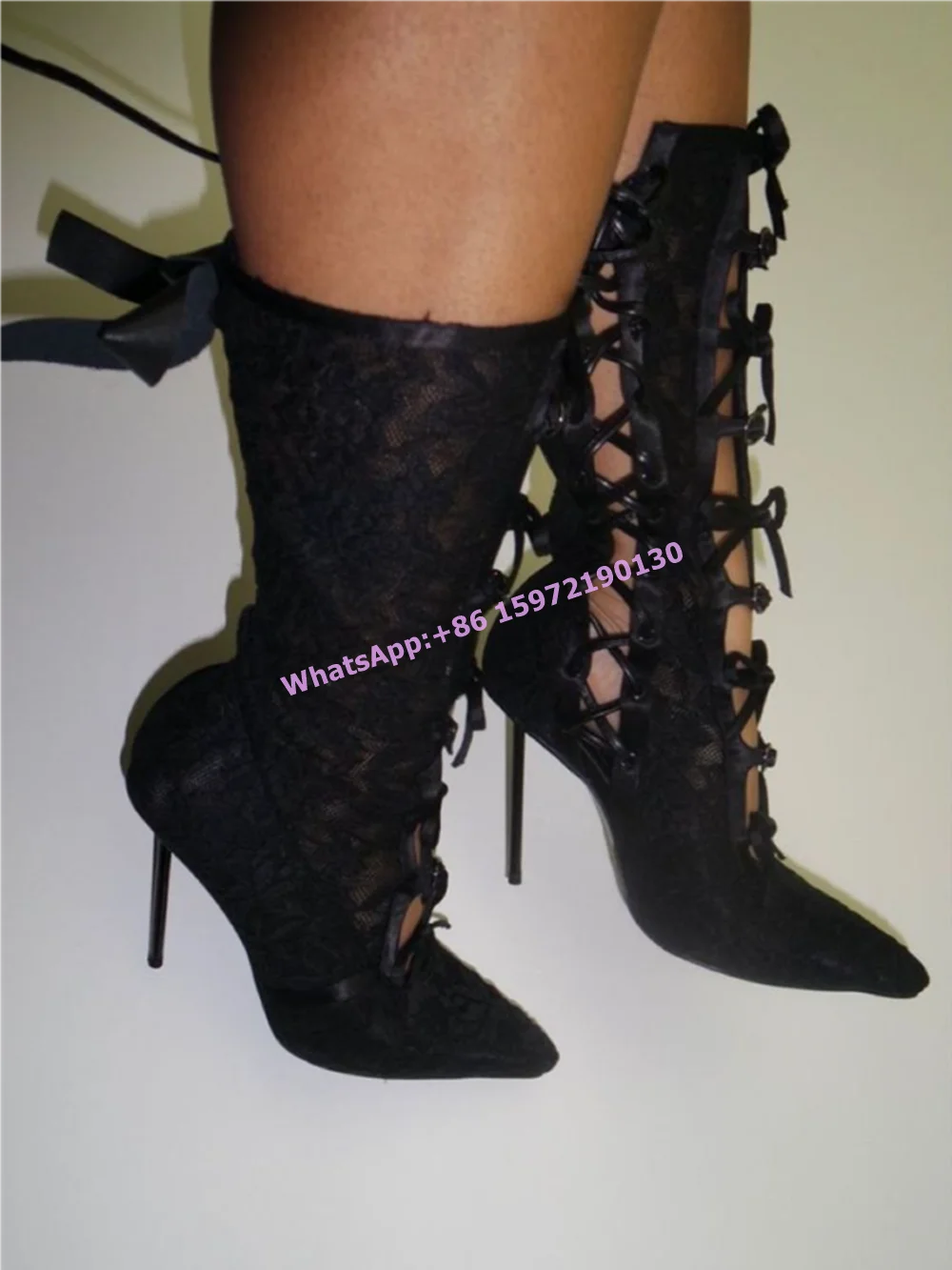 

Lace Hollow Butterfly Knot Boots Black Pointy Toe Lace Up Solid Sexy Mid Calf Boots Women's Fashion Banquet Luxury Shoes