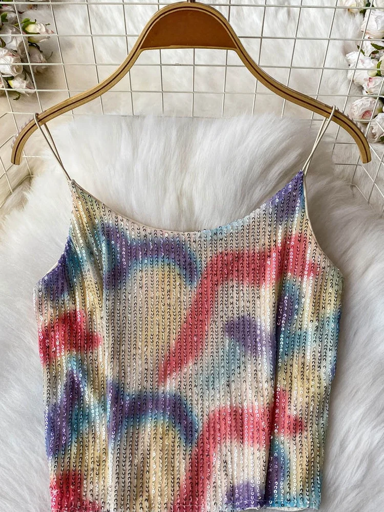 

iny Sequin Crop Top Women's Summer Outfit Slim Fit ort Strap Vest Glittering Outerwear Commute Sle Trendy adient Color