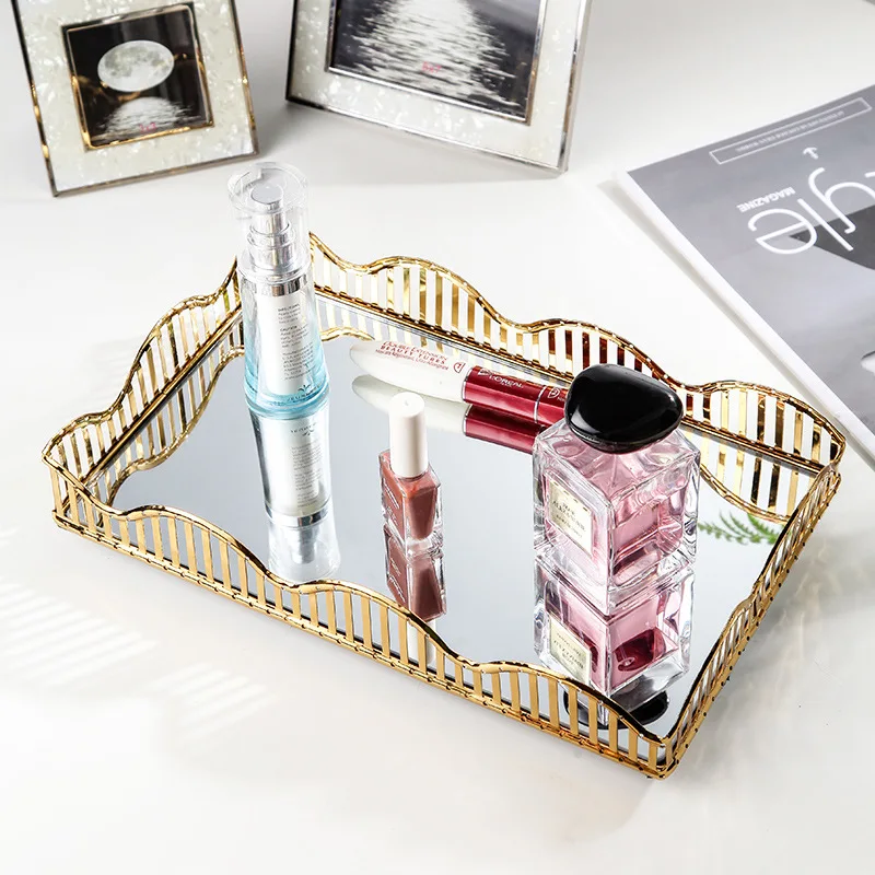 Glass Mirror Fruit Plate Metal Tray Square Gold Hollow Wavy Border Desktop Cutlery Storage Organization Cosmetic Storage Tray