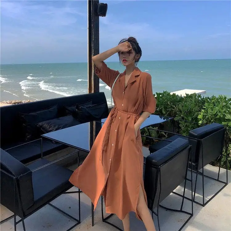 Brown Casual Korean Fashion Shirt Blazer Dress Women Summer Woman Sexy Vintage Aesthetic Loose Robe Boho Maxi Long Dresses 2024