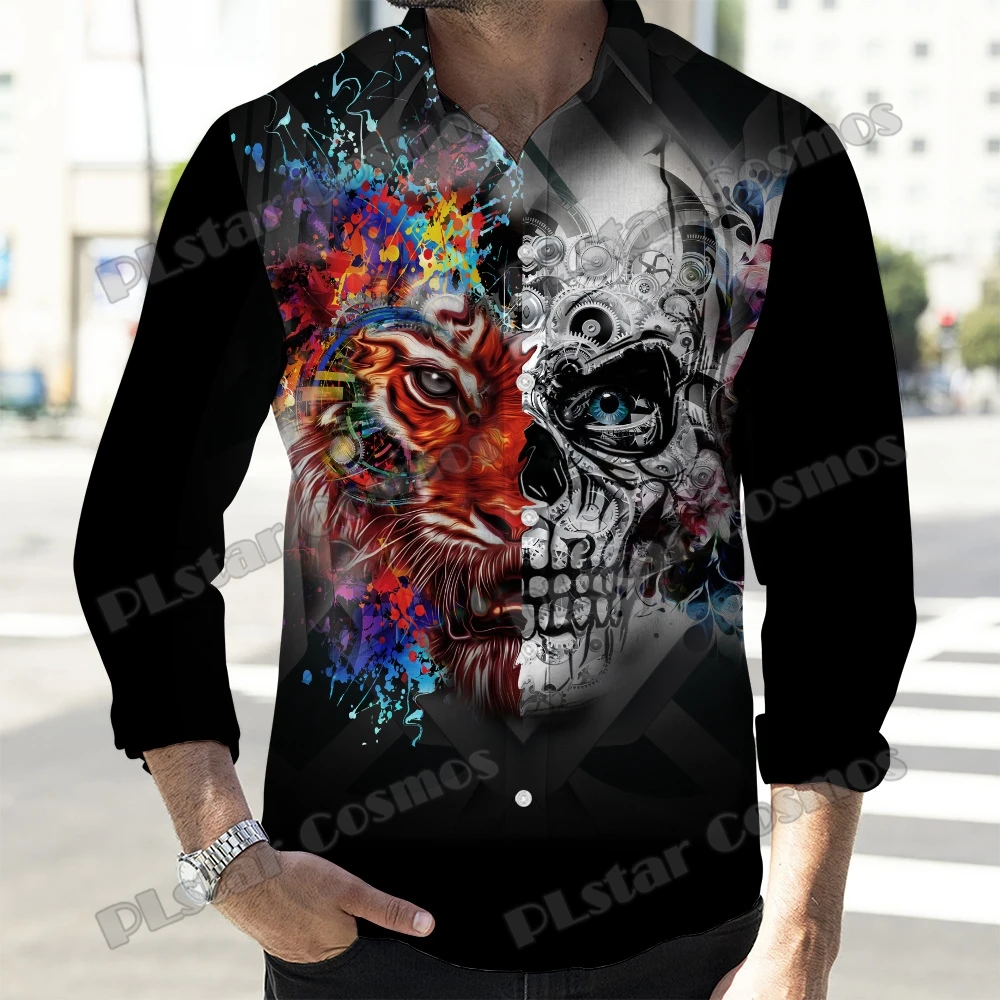 Autumn New Social Men Turn Down Collar Shirt Skull Skeleton Pattern 3D Printed Fashion Men's Long Sleeve Button Down Shirt CXS44