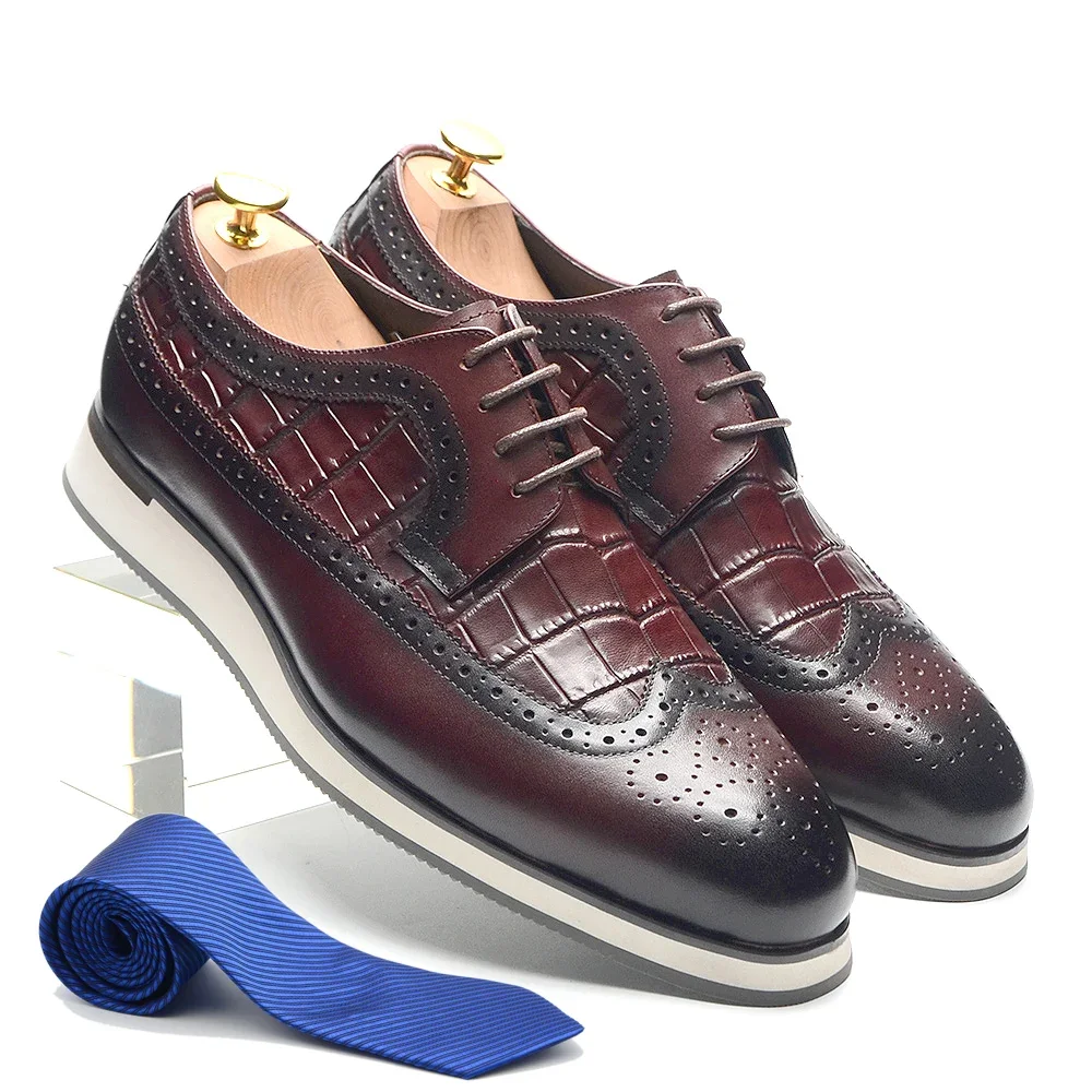 Classic Brand Designer Cow Real Leather Burgundy Mens Flat Sneakers Crocodile Print Wingtip Brogues Derby Casual Dress Shoes