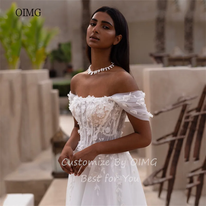 OIMG Luxury Ivory A-line Wedding Dress Off The Shoulder Bride Dresses High Side Split Wedding Gowns vestidos de novia