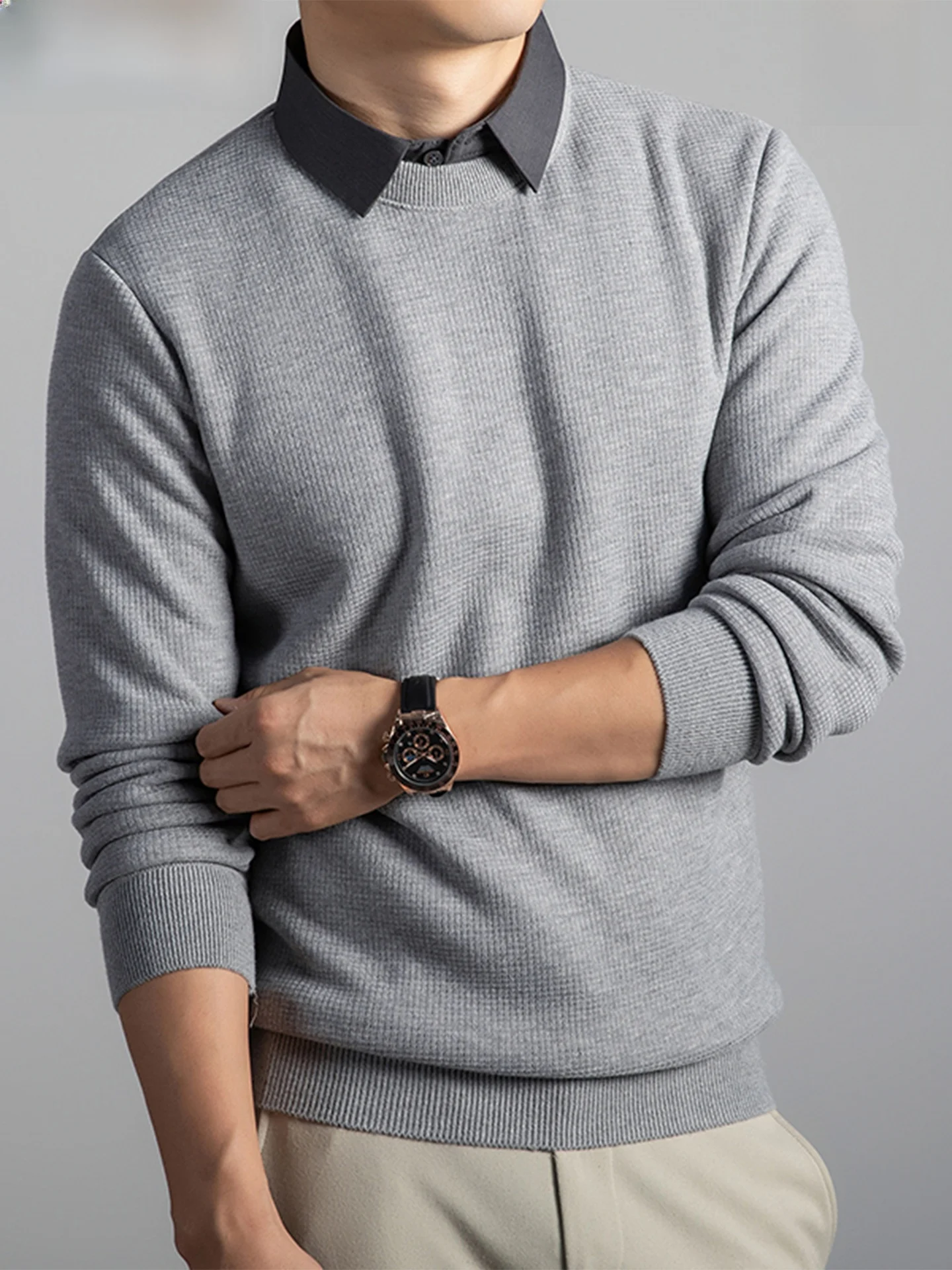 

Warm Long Sve Knitted Sweater Fake Two-Piece Casual Busin Men's Faion Autumn Winter Dad Clothes Soft Polyester Fiber