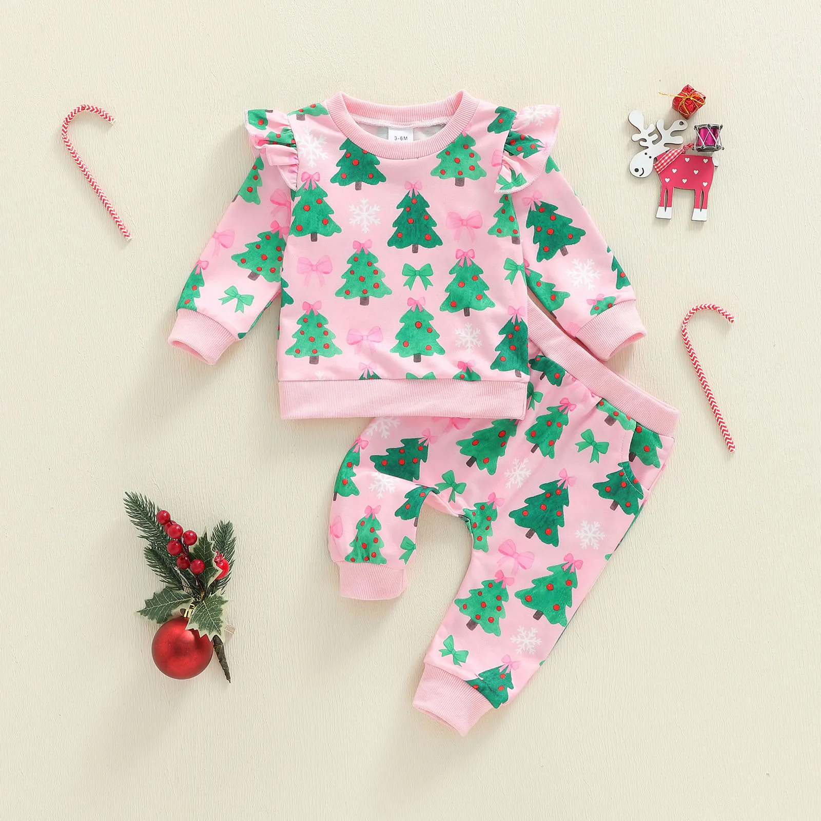 FOCUSNORM 0-3Y جميل طفل الفتيات عيد الميلاد الملابس مجموعات شجرة/سانتا طباعة كم طويل البلوز القمم + مرونة الخصر السراويل #2