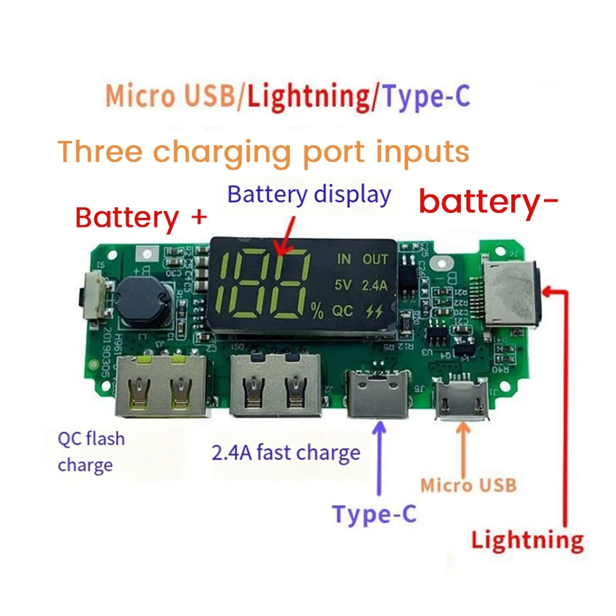 18650 Lithium Battery Digital Display Charging Module 5V 2.4A Three Charging Ports with Display Boost Module
