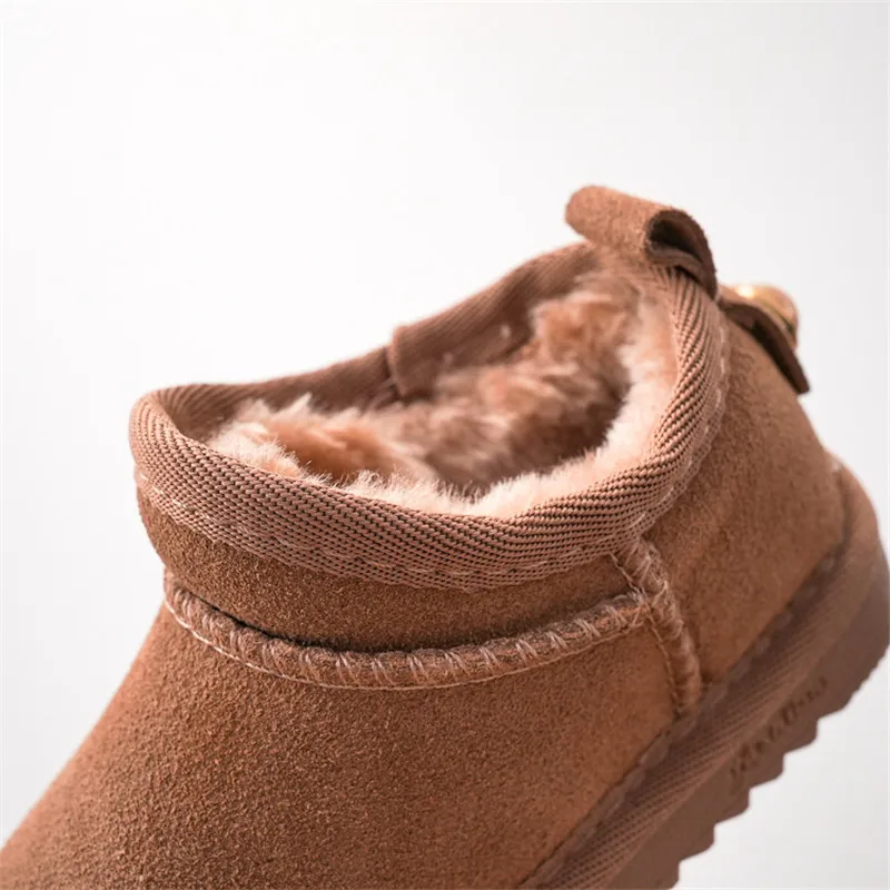 Children Genuine Cow Suede Snow Boots Girls Fashion Low-top Short Boots Little Princess Elegant Winter Shoes Baby Soft Snow Boot