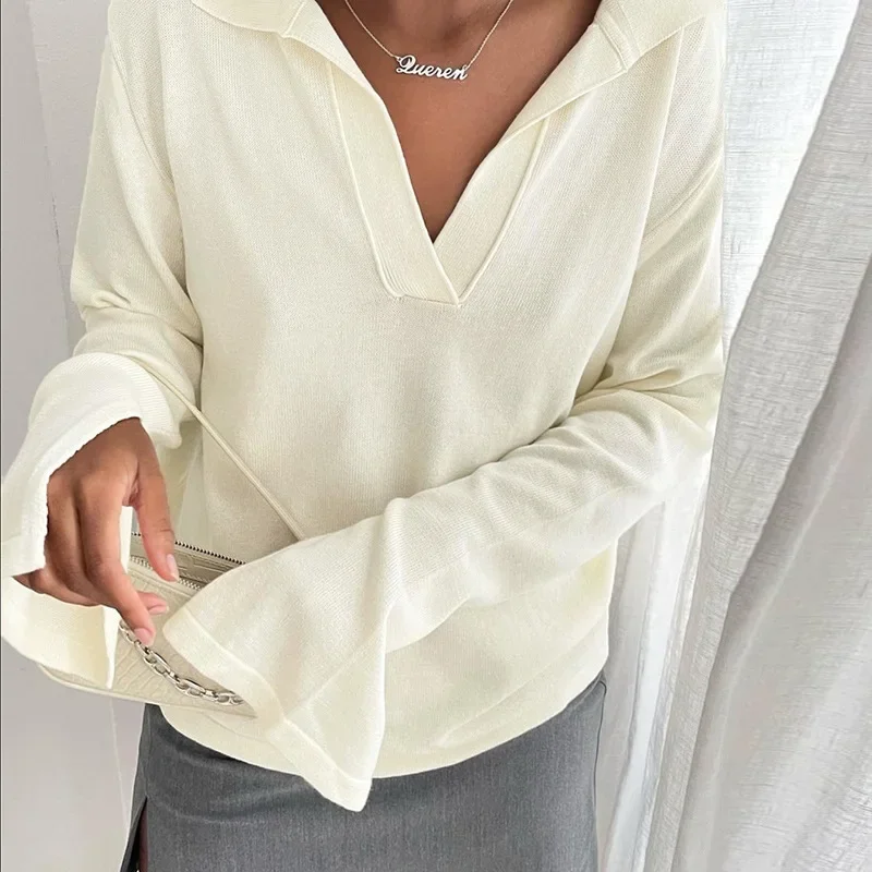  Europe and The United States Autumn Fashion Trend Women's New Long-sleeved Lapel Loose and Thin Simple Casual T-shirt Top