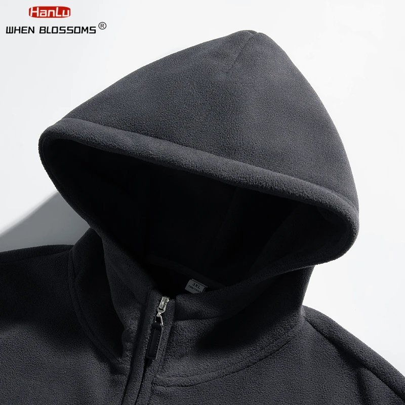 HANLU Half zipper Thick Fleece Hooded Sweatshirt For Men Autumn Winter Warm Solid Color Pullover Trendy Brand Hoodie Coats