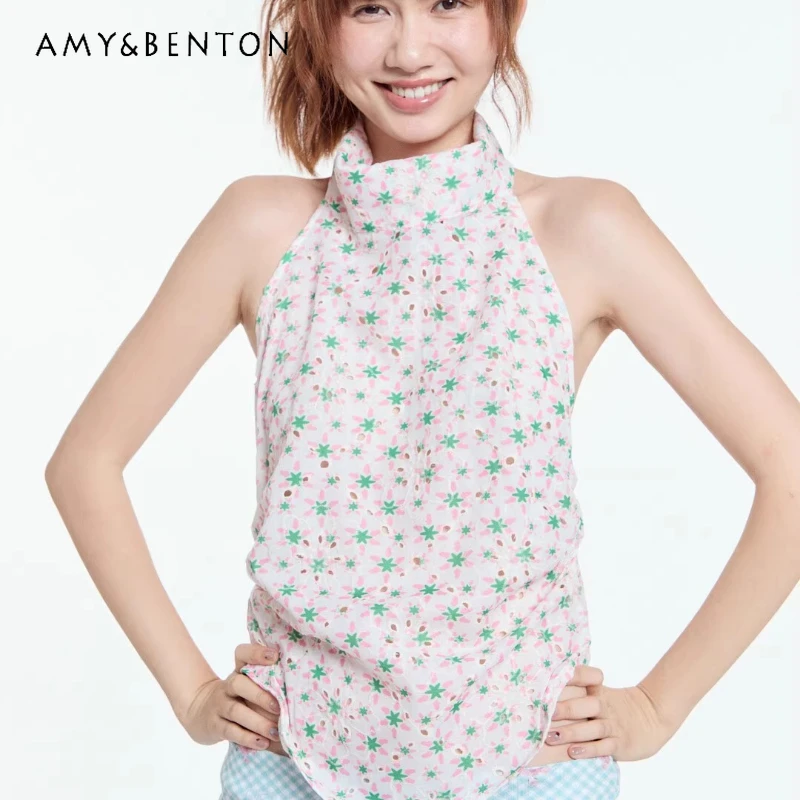 

Original Neck-hanging New Women's Camisole Top Original Design Summer Floral Backless Singlet Thin Cute Sleeveless Vest Female