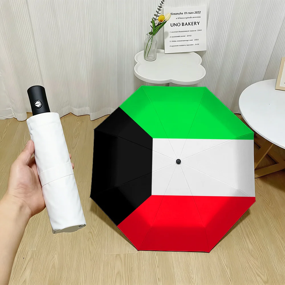 

Kuwait National Flag Green White Red Black Horizontal Stripes Print Auto Folding Umbrella Waterproof Windproof Compact Travel Um