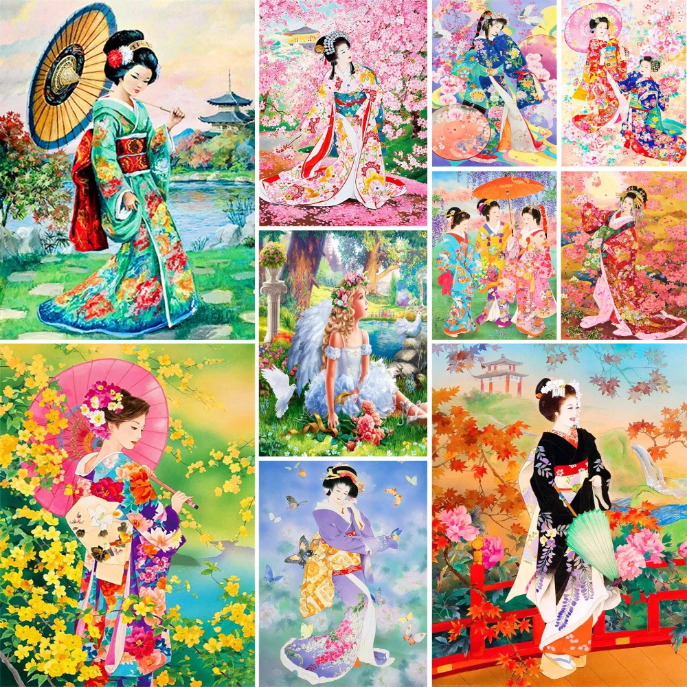 Cartoon Japanese Geisha Cross-Stitch Embroidery Complete Kit Painting Needlework Sewing Handicraft Wholesale Promotions Design