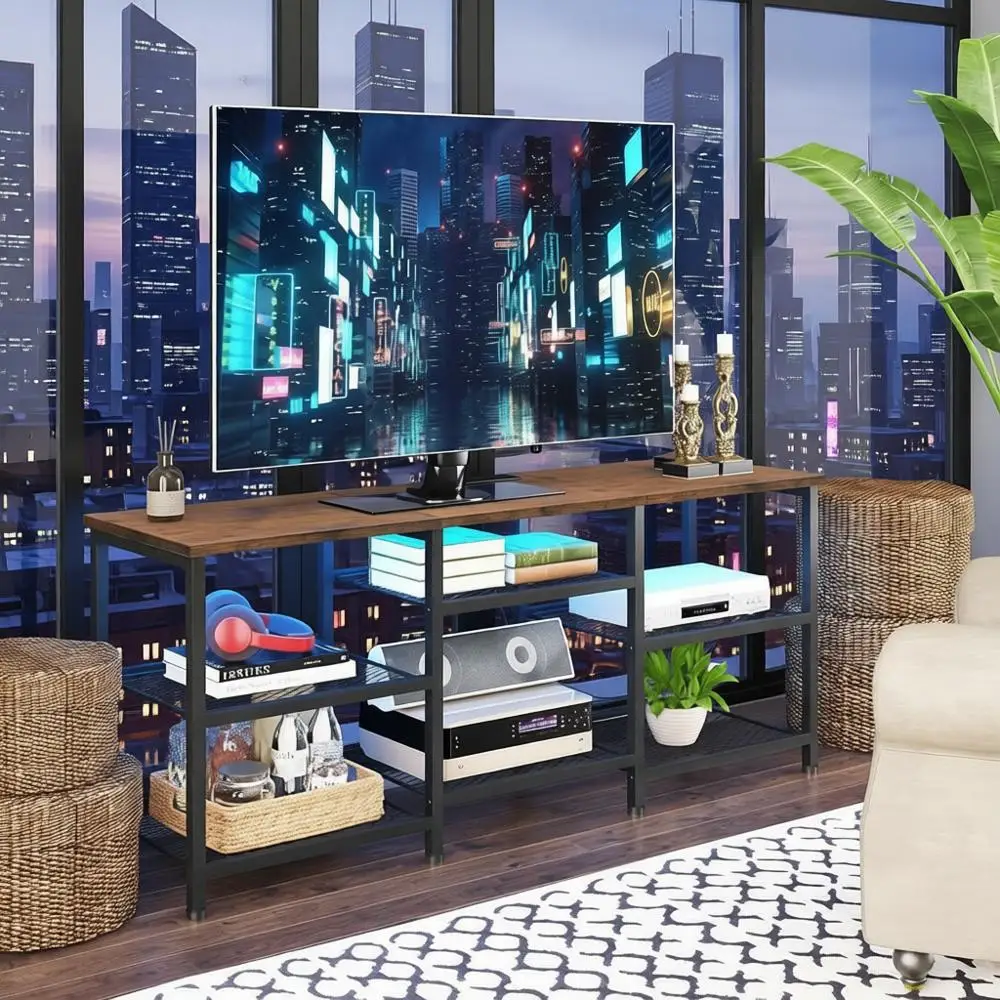 

Rustic Brown 55 Inch TV Stand with Movable Shelves, Entertainment Center, LED Lights, Open Storage for Living Room and Bedroom