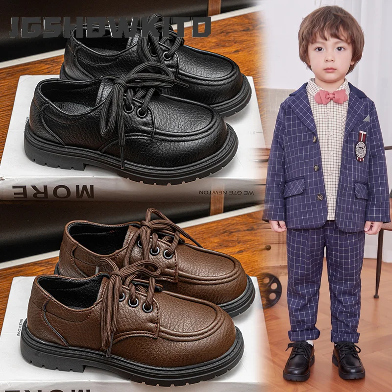 JGSHOWKITO Boys PU Leather Shoes for Wedding Party Kids Formal Flats with Lace-up Retro Vintage British Style Spring Autumn New