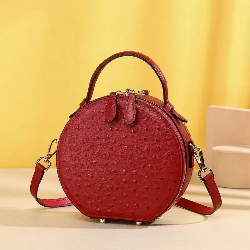 Women Purple Genuine Cowhide Leather Round Bag Ostrich Embossed Crossbody Handbag with Top Handle for Daily Party
