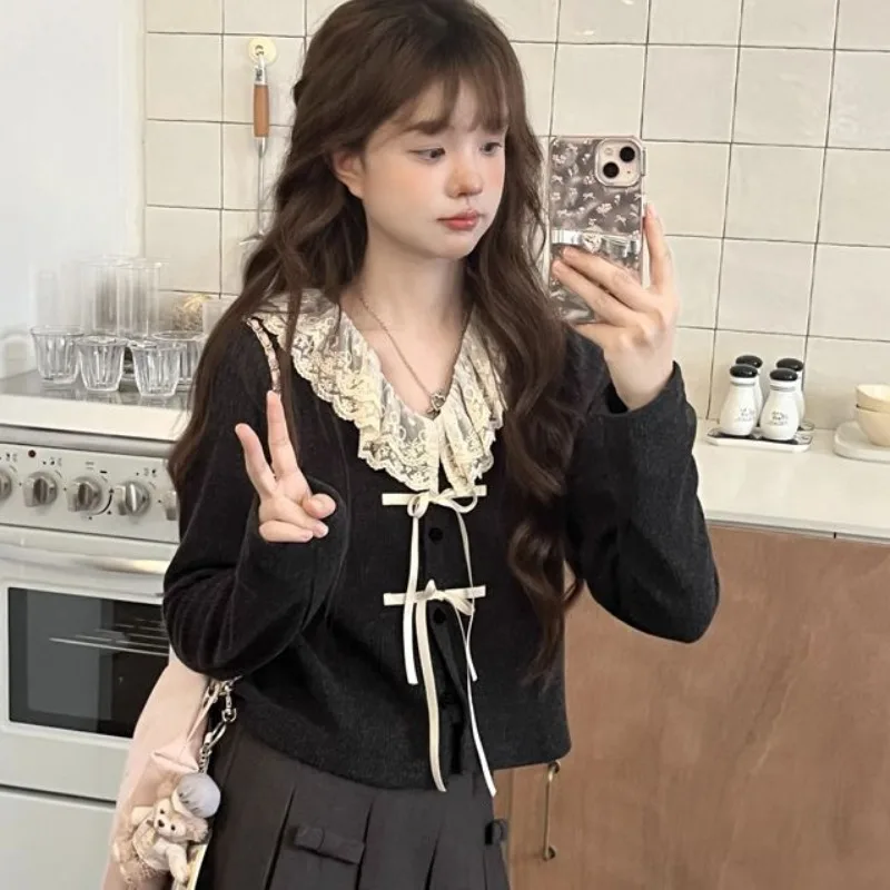 Long Sleeve Knitted Cardigans Women Single Breasted Patchwork Sweet Lace Fall Winter Lovely Casual Tops Bow V-neck All-match Ins