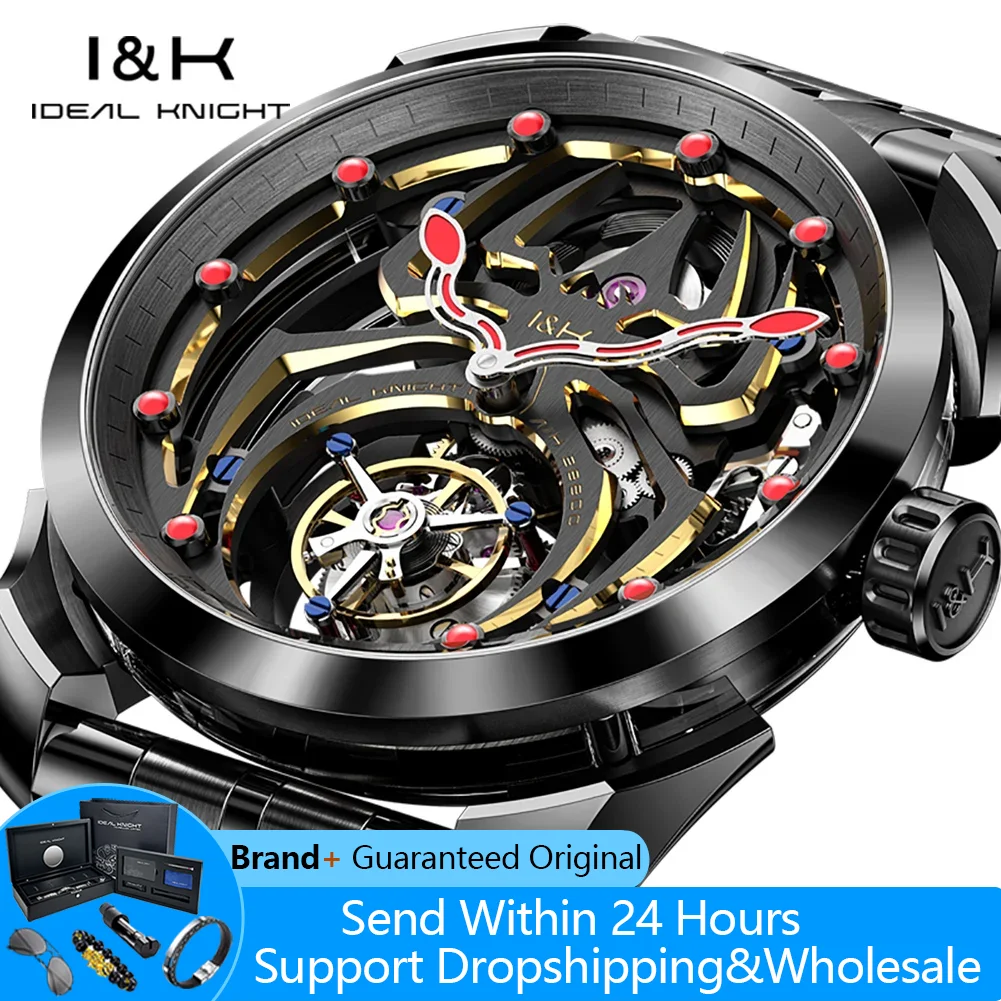 IDEAL KNIGHT 6802 Tourbillon Watch For Men Transparent Skeleton Mechanical Wristwatch Man Luxury Top Brand Limited Edition Watch