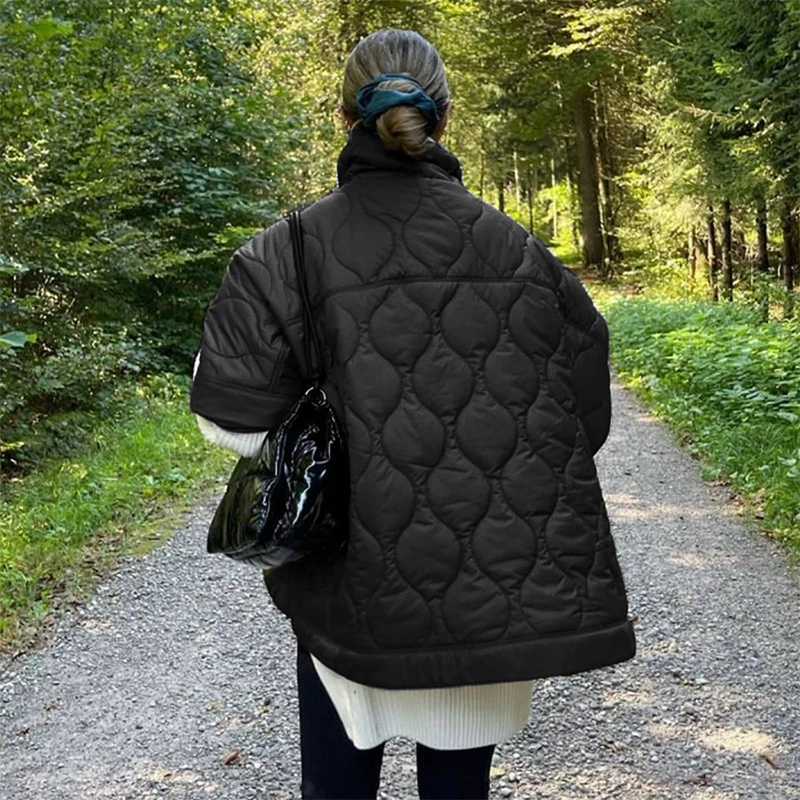 Women Camping Shawl Cape Coat Cotton-padded Argyle Stand Collar Thickened Warm Winter Topcoat Lady Outwear Batwing Sleeve Poncho