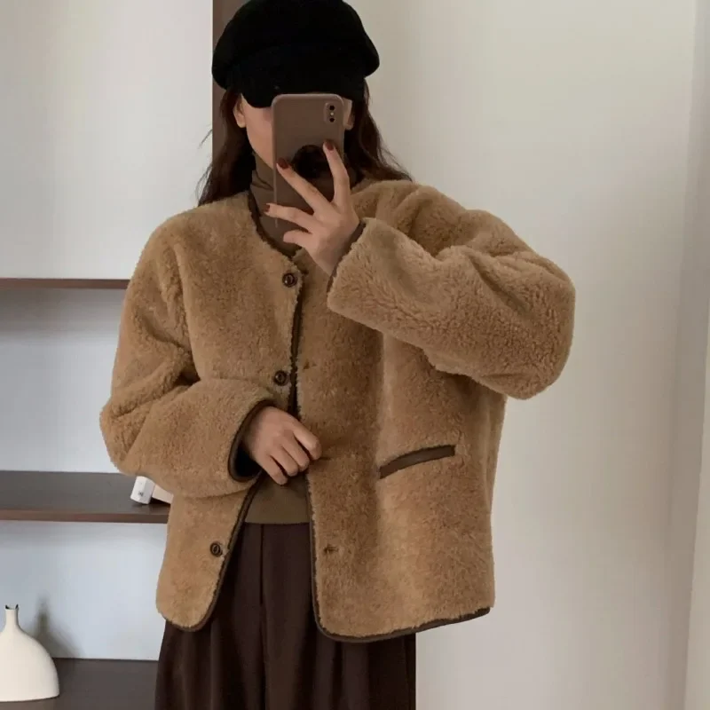 Lamb Cashmere Short Coat Female Autumn and Winter Loose Round Neck Casual Coat Autumn and Winter Thick Fashion Joker Warm Coat