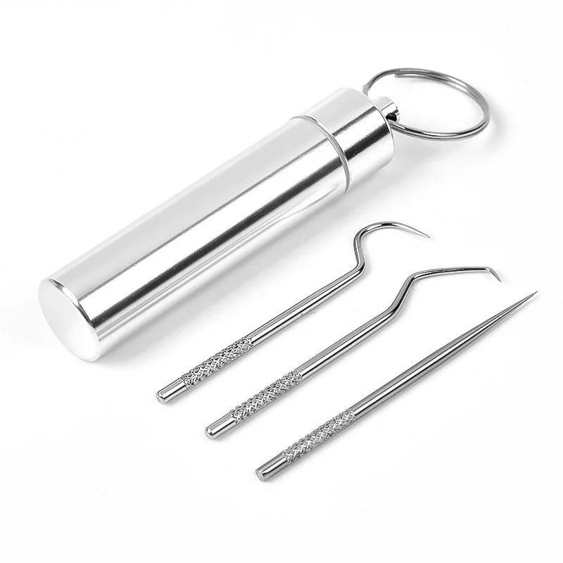 304 Portable Reusable Stainless Steel Toothpicks Metal Tooth Scraper Dental Picks Hooks Cleaning Kit with Toothpicks Holder