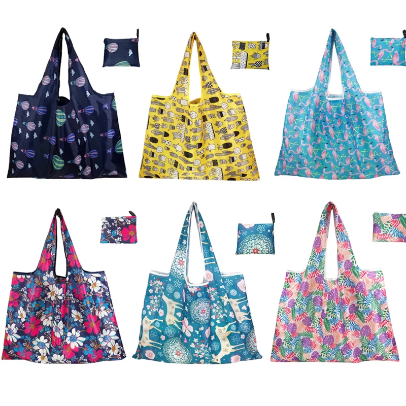 Flower Nylon Large Tote Shopper Bag Eco Reusable Polyester Shoulder Women's Handbags Folding Pouch Shopping Bag Foldable