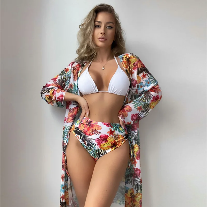 

2025 Sexy Three-piece Women's Floral Print Swimsuit Summer Halter Push-up Bikini Backless Beach Cover Up Long Skirt Bathing Suit