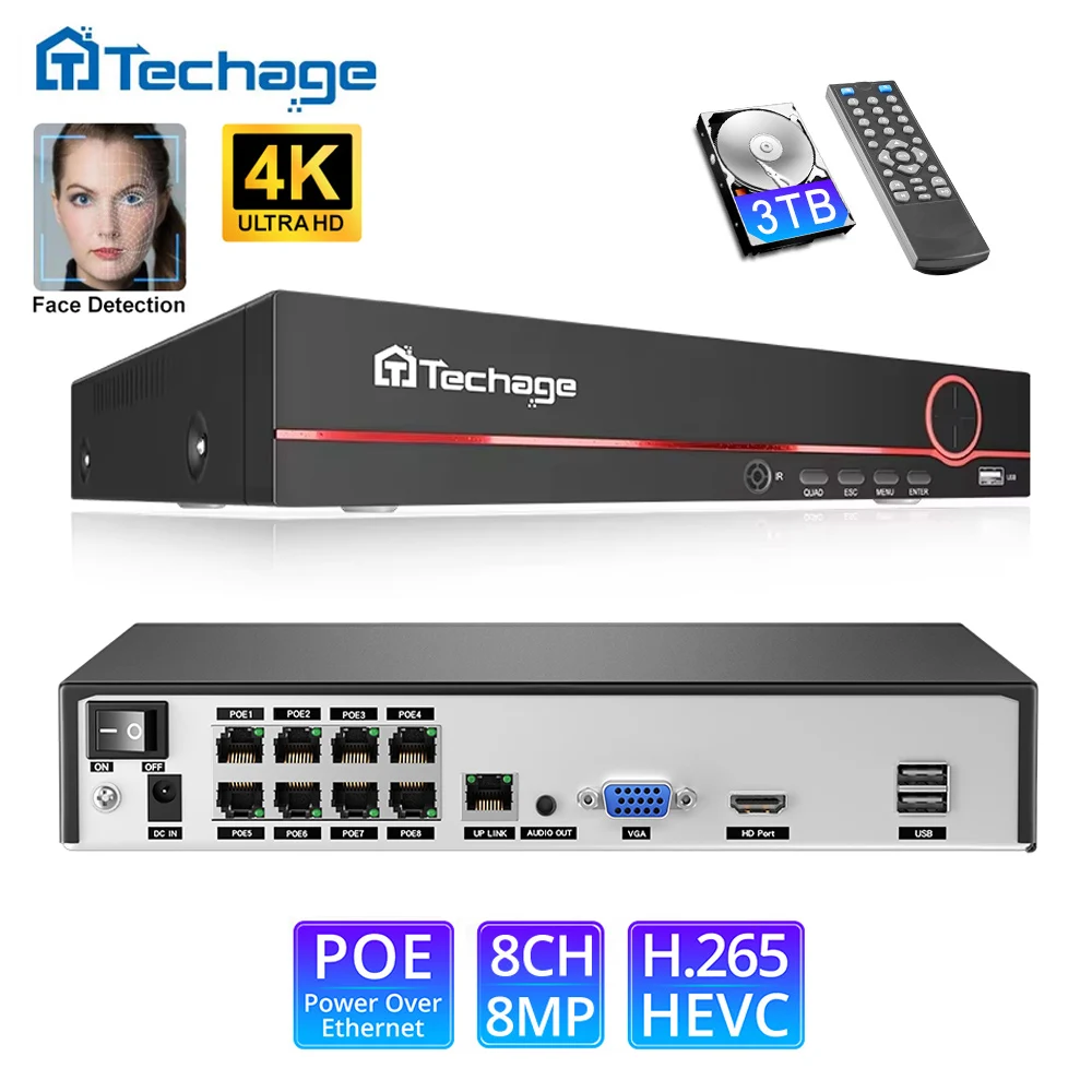 Techage 8CH H.265 4K/8MP/5MP POE NVR CCTV sistema di sorveglianza di sicurezza per telecamera IP POE telecamera di rete supporto VCR Max 14TB