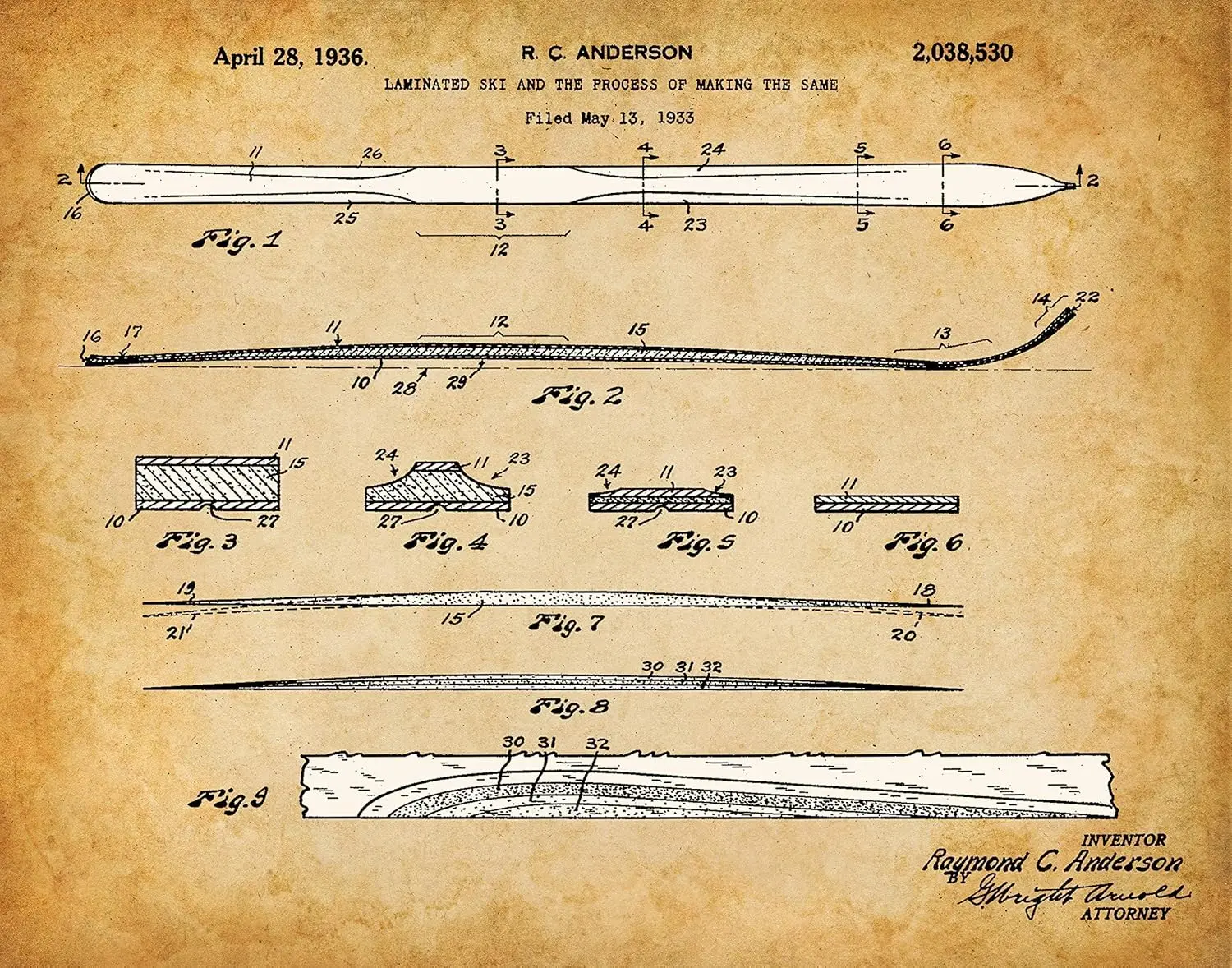 Skis Patent Print - Winter Sports Wall Art, Antique Decor for Lodge and Cabin, Skiing Equipment Decor, Classic Gift Ski