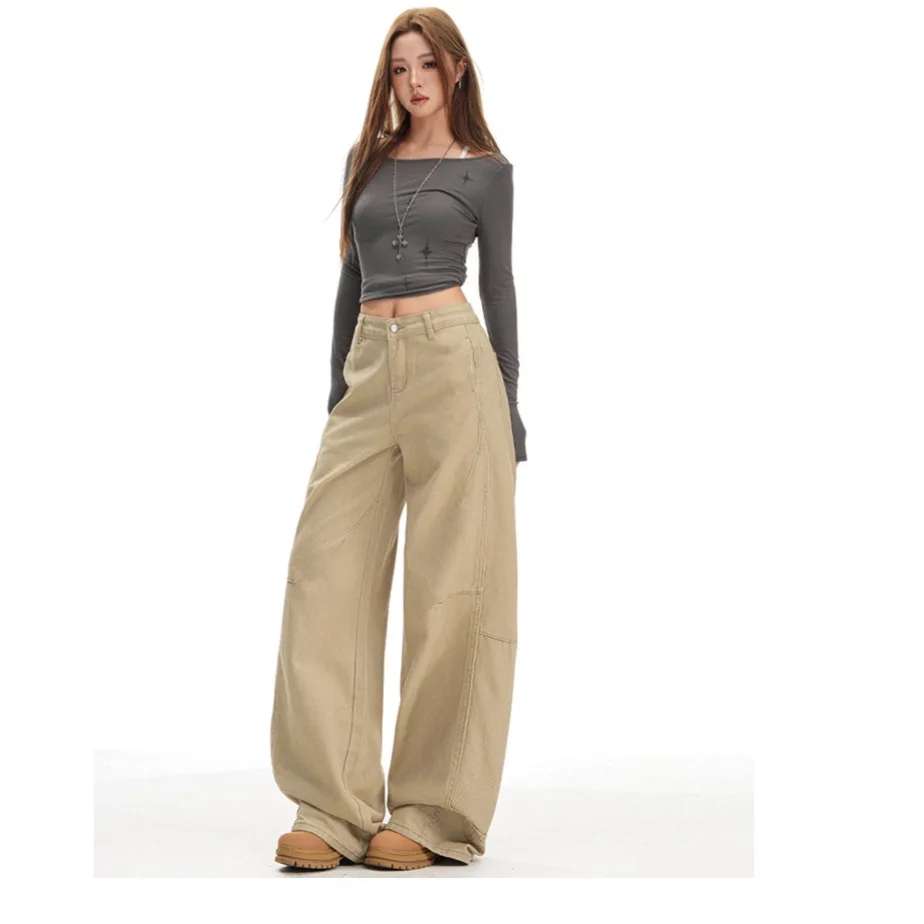 Khaki Retro Wide-leg Scimitar Jeans Women's 2025 Winter New Loose Straight American Casual Floor Pants