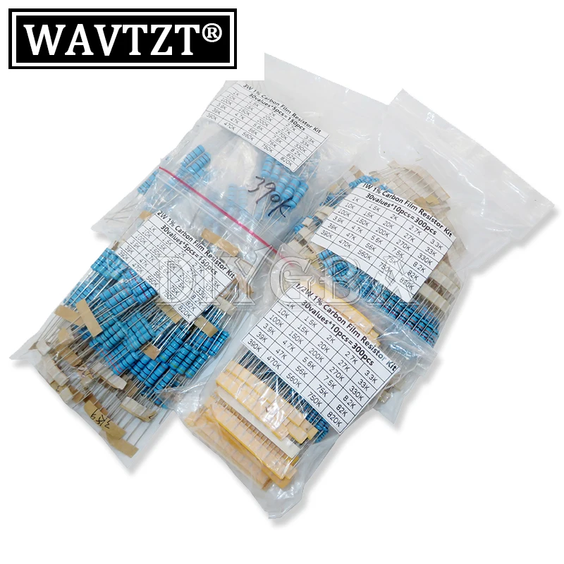 

150PCS/Set 30 Kinds 1/4W 1/2W 1W 2W 3W Resistance 1% Metal Film Resistor Pack Assorted Kit 0.1R-750R 1K-820K Resistor 300PCS/Set