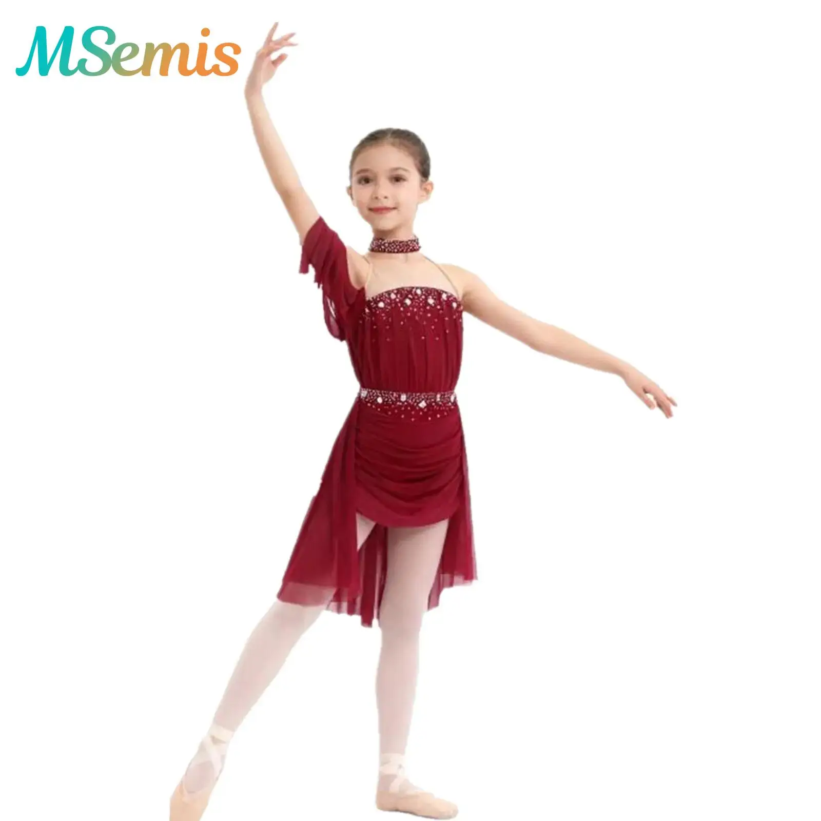 Maillot de Ballet pour enfants filles, strass brillants, Costume de spectacle de danse lyrique, col licou, dos nu, froncé, drapé en maille, justaucorps