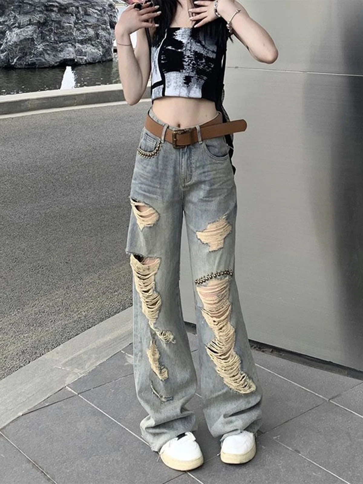 Calças Jeans de Cintura Alta com Pernas Retas para Mulheres, Primavera Verão, Estilo de Rua, Algodão Stretch Denim Antibacteriano