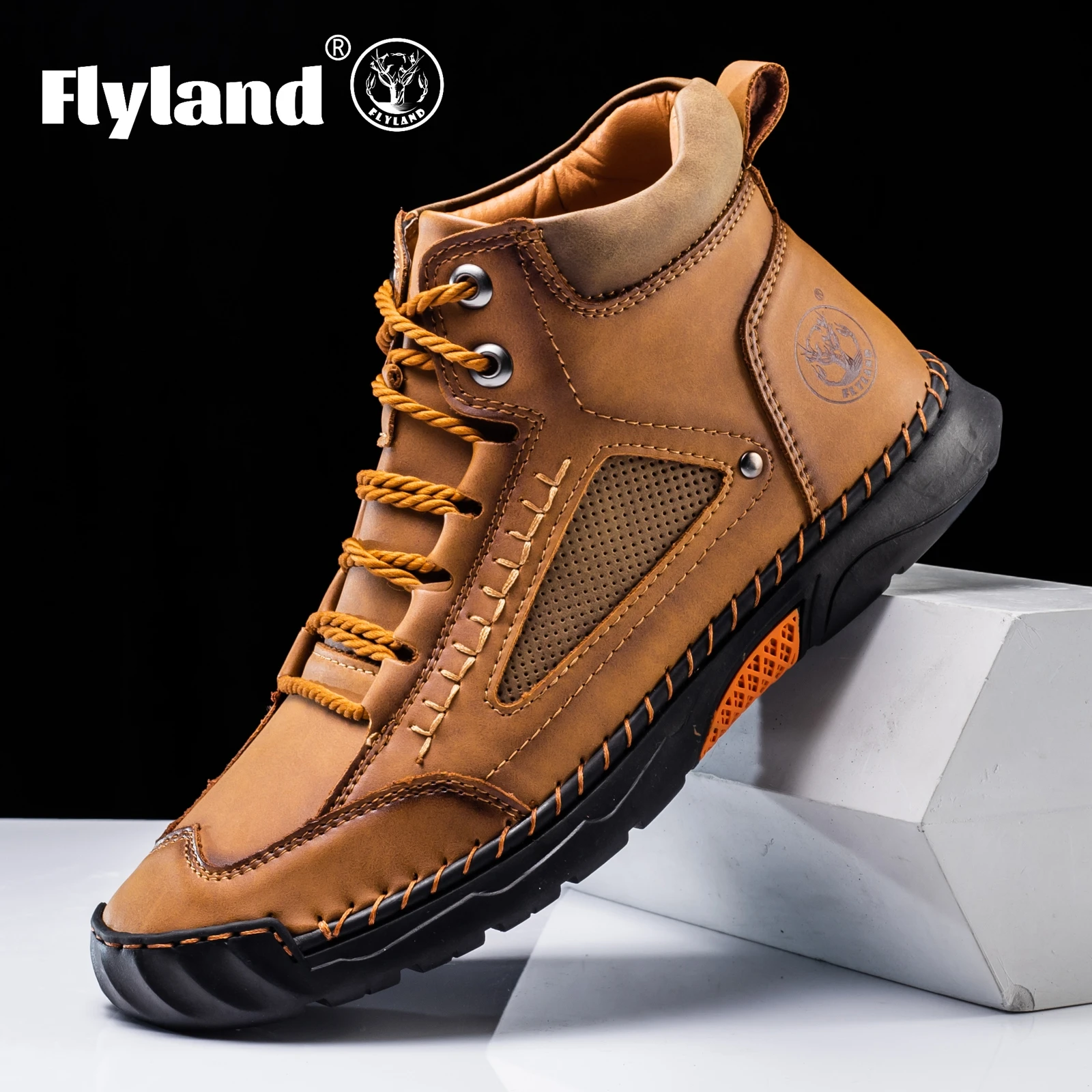 FLYLAND Men's Classical Vintage Soft Skin-friendly Feeling Frosted Genuine Leather Business Ankle Boots Handmade Casual Boots