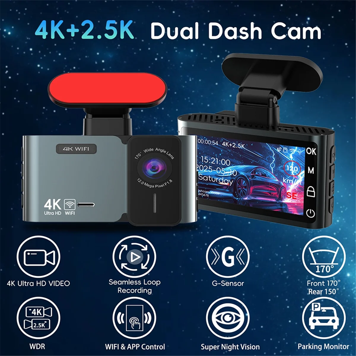 

2025+4K Front and 2.5K Rear Dash Cam with WiFi App Control GPS Support Night Vision G-Sensor Parking Monitor Loop Recording