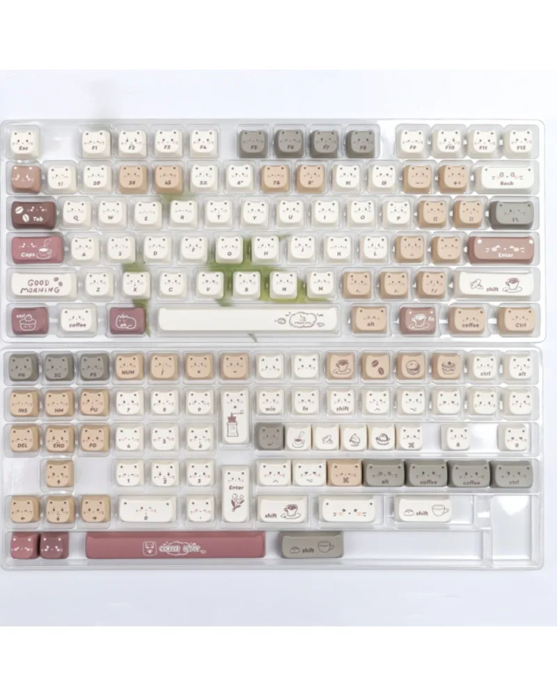 Coffee Cat Pattern MAO Height Complete Full Set PBT Dye Sublimation Keycaps Split Space Layout 7u Extra Key Accessories