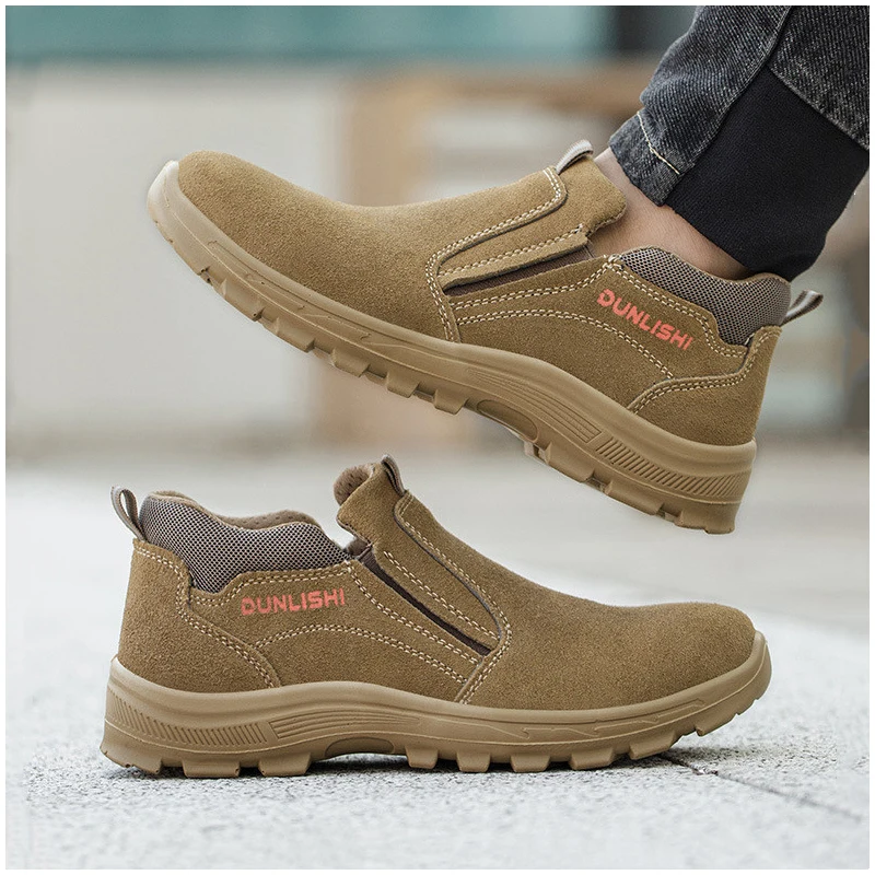 men fashion steel toe covers work shoes slip-on cow suede leather safety boots worker tooling security welding footwear protect