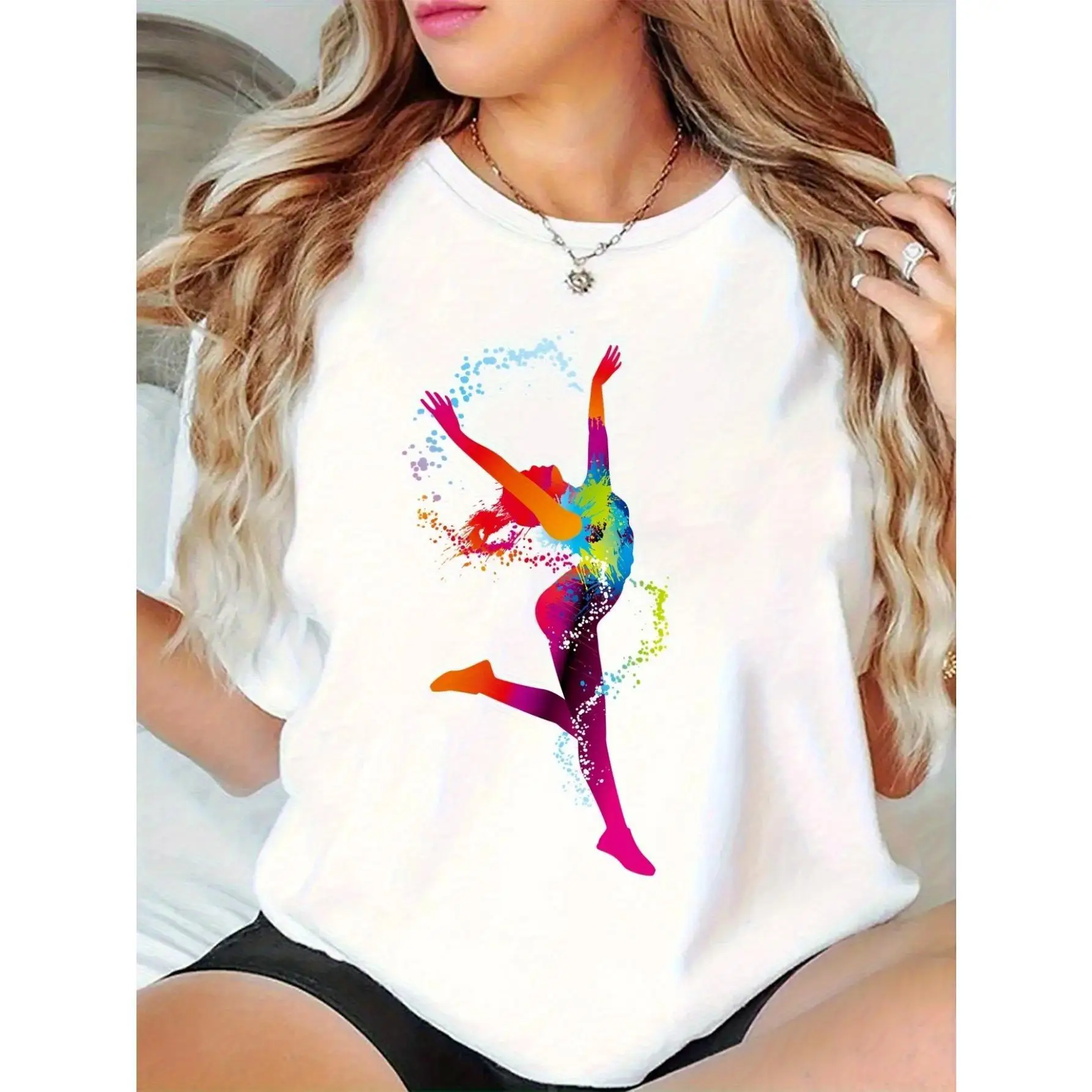 

Women's Black Cotton Graphic T-Shirt with Vibrant Cartoon Dance Print - Loose Fit Round Neck Short Sleeve, Breathable Summer Cas