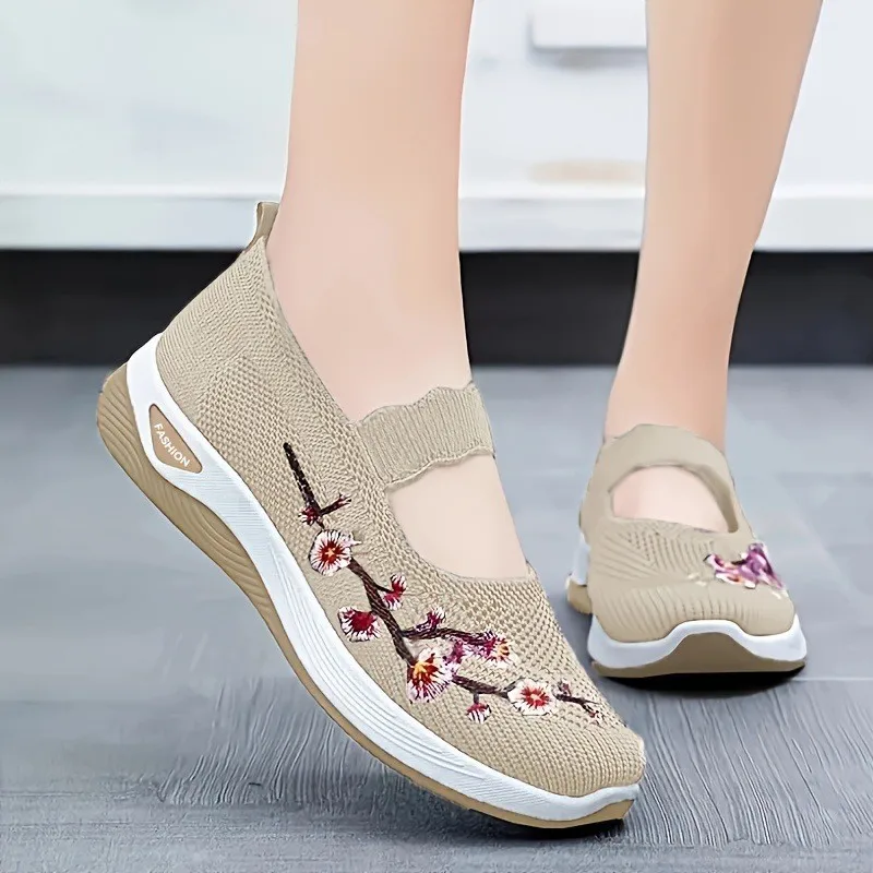 Pflaumenfarbene Mary-Jane-Slipper mit Blumenstickerei, Keilabsatz, atmungsaktiv, rutschfest, weiche EVA-Einlegesohle, niedriger Absatz, für den Alltag – Detail 9