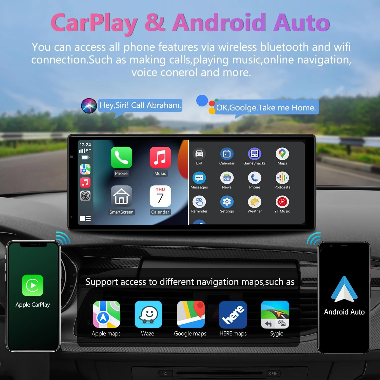 10.26'' Portable CarPlay Screen With Front Dash Cam and Back Camera Universal Car Monitor Wireless Carplay & Android Auto