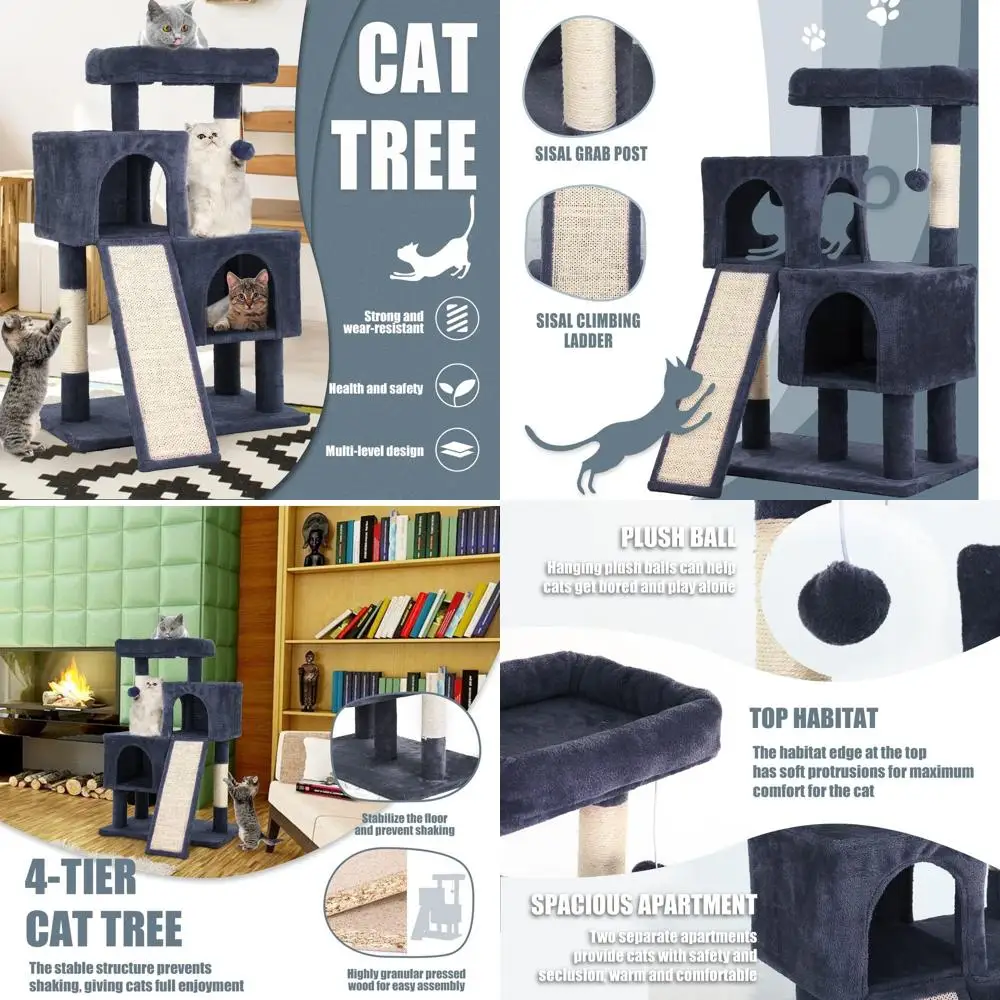 

Многоуровневый кошачий комплекс для дома (36 элементов) с сизалевыми когтеточками, платформой, подвесным мячиком и большой лежанкой (темно-серый)