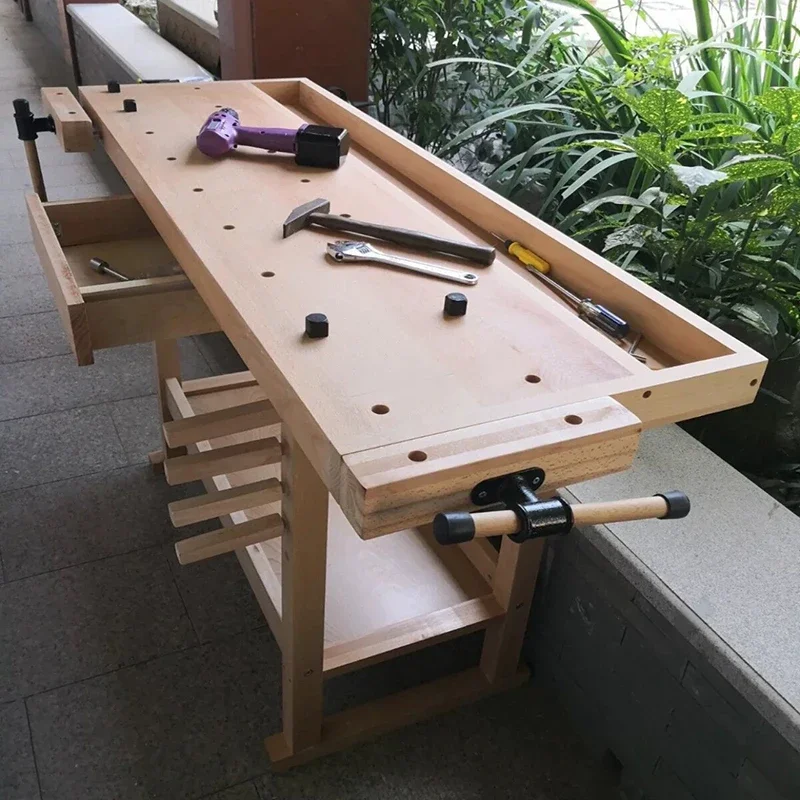 Multifunctional Woodworking Workbench Console Beech Wood Workbench Diy Manual Carpentry Solid Wood Table with Clamp 139*49cm