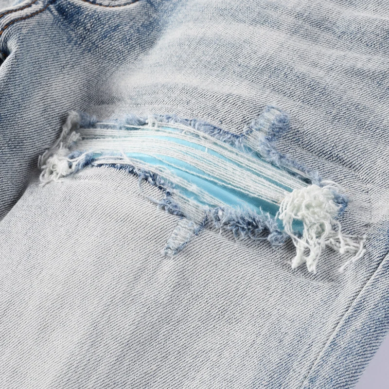 Hombre Light Blue Ripped Patch Skinny Jeans Mid Rise Stretch Slim Denim Jeans Streetwear Long Trousers